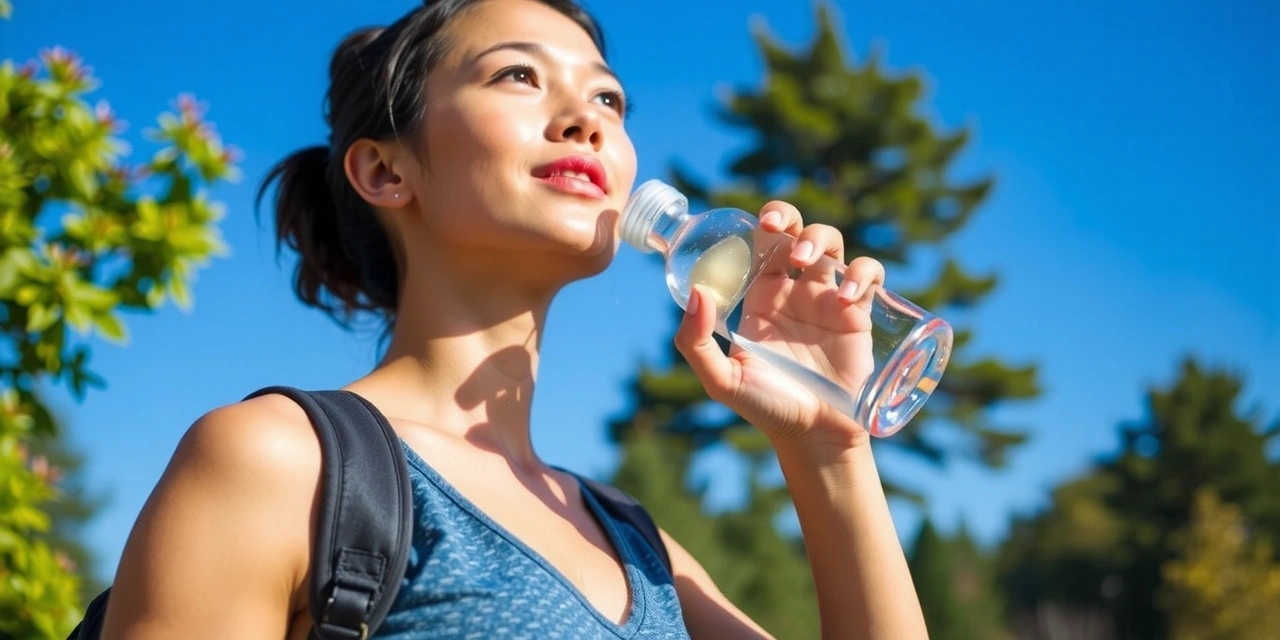Persona bebiendo agua de una botella durante una caminata