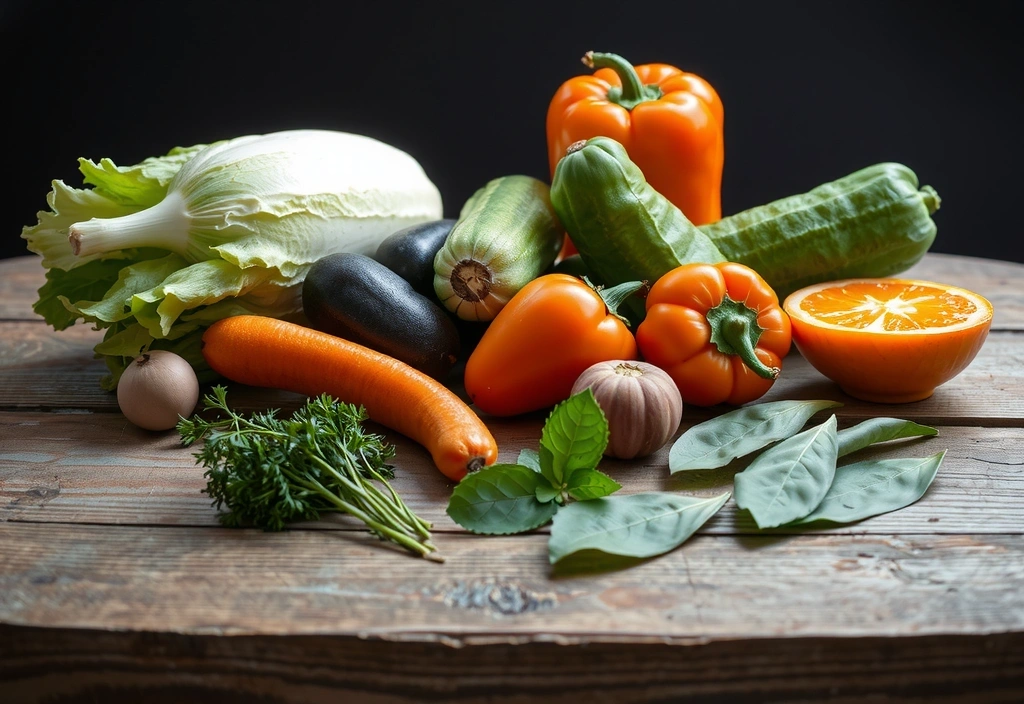 Mesa con una variedad de vegetales orgánicos frescos y hierbas
