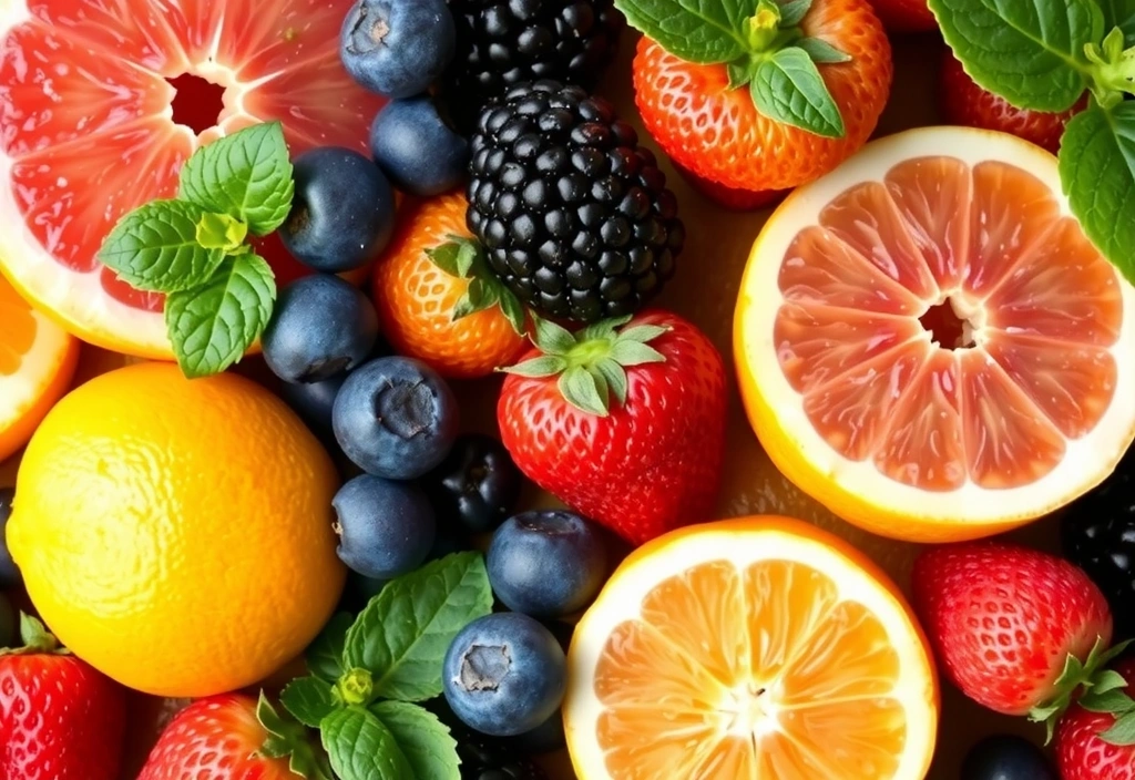 Bayas de colores brillantes y frutas cítricas dispuestas artísticamente, destacando el concepto de antioxidantes.