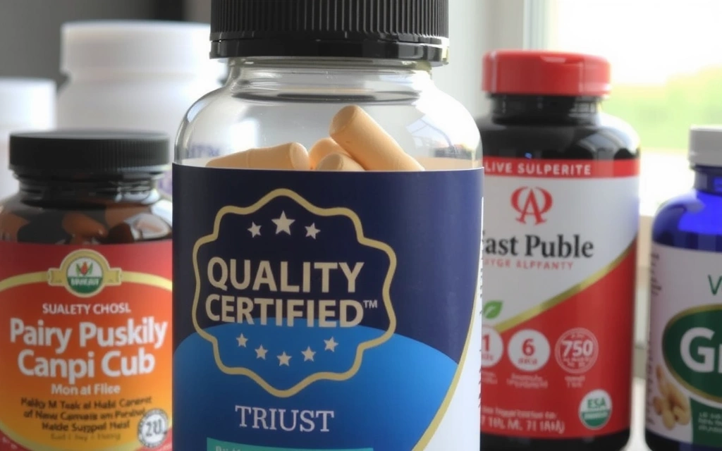 Un sello de certificación de calidad en una botella de suplemento, con un fondo borroso de otros productos, simbolizando la confianza y la aprobación.