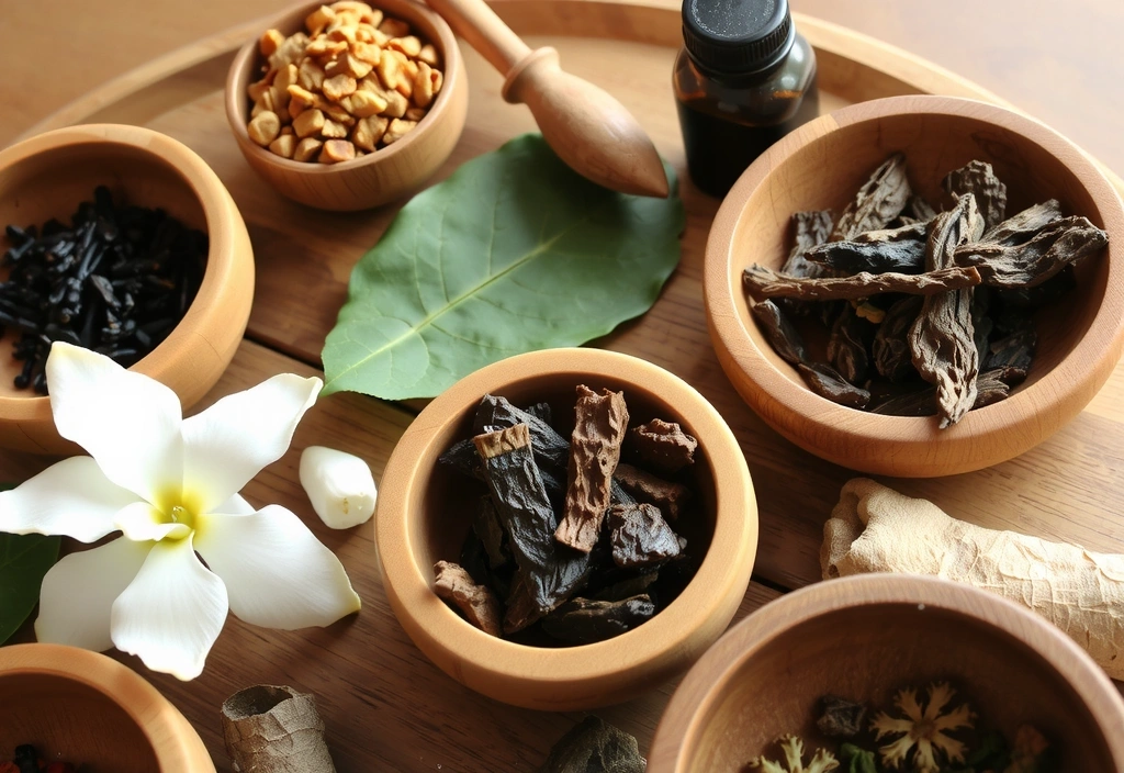 Variedad de hierbas adaptógenas como Ashwagandha, Reishi y Rhodiola en pequeños cuencos de madera, con un ambiente natural y tranquilo.