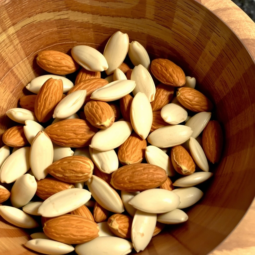 Un cuenco de almendras y semillas de girasol, mezcladas.